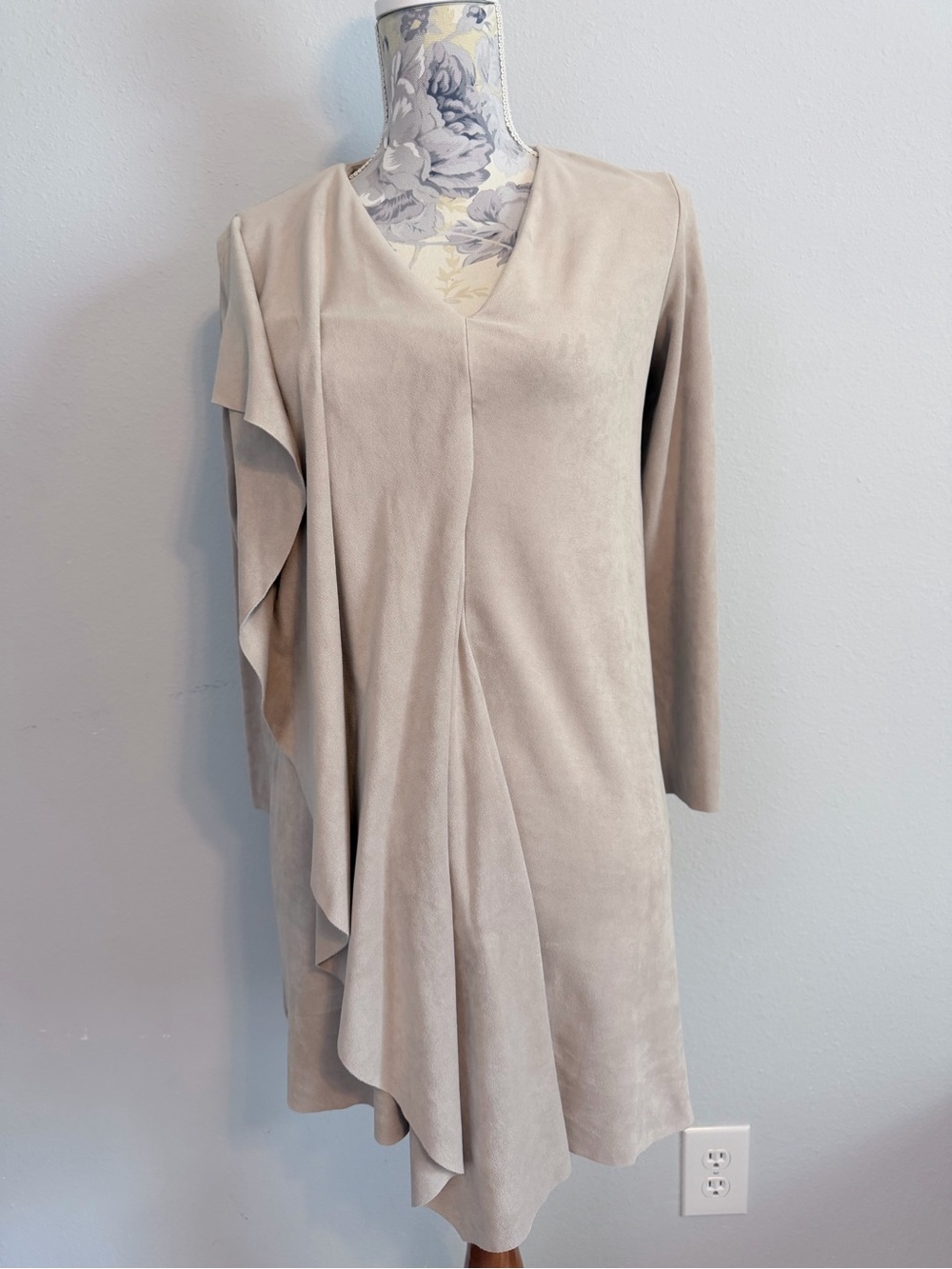 ZARA Basic Faux Suede Draped Shift Mini Dress Beige Nude Small